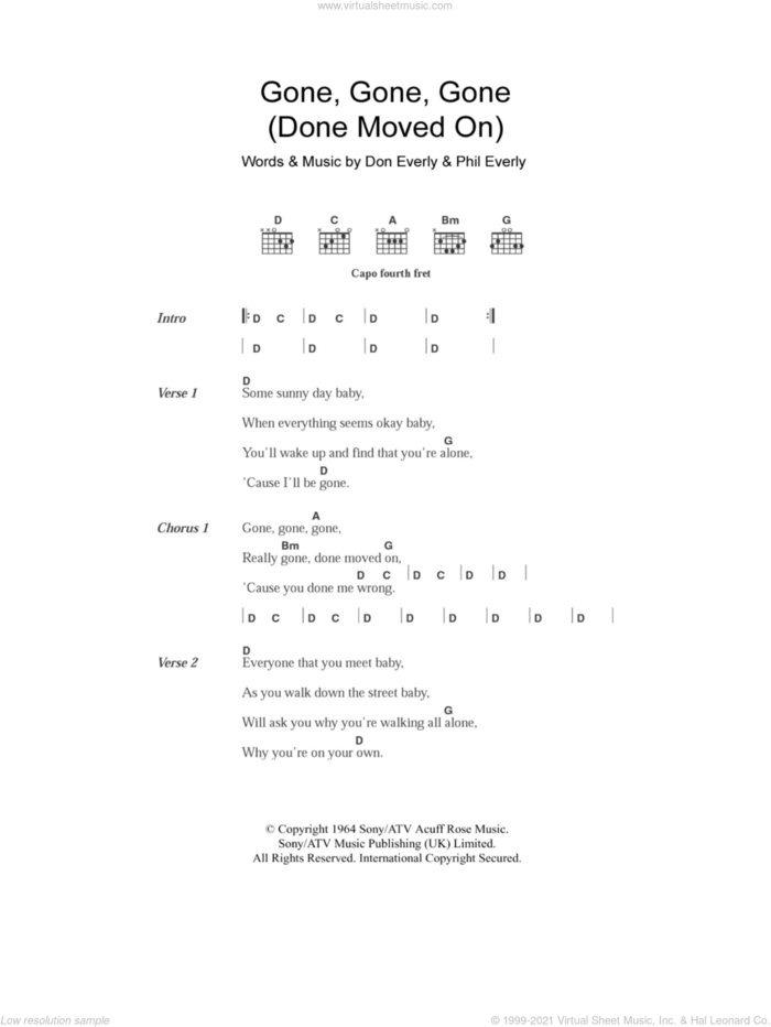 Gone, Gone, Gone (Done Moved On) sheet music for guitar (chords) by Everly Brothers, Don Everly and Phil Everly, intermediate skill level