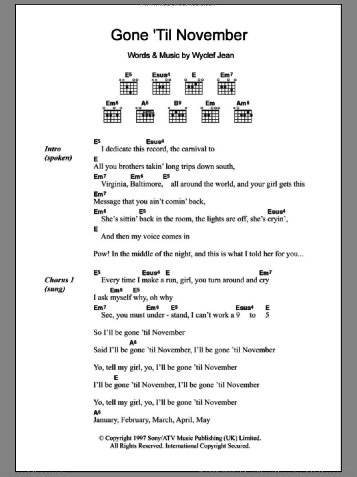 Gone 'Til November sheet music for guitar (chords) by Wyclef Jean, intermediate skill level