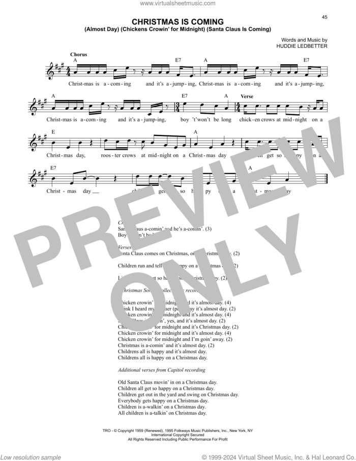 Christmas Is Coming (Almost Day) (Chickens Crowin' For Midnight) (Santa Claus Is Coming) sheet music for voice and other instruments (fake book) by Lead Belly and Huddie Ledbetter, intermediate skill level