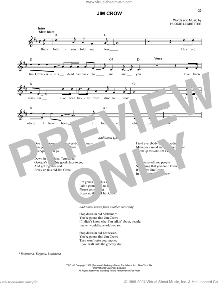 Jim Crow sheet music for voice and other instruments (fake book) by Lead Belly and Huddie Ledbetter, intermediate skill level