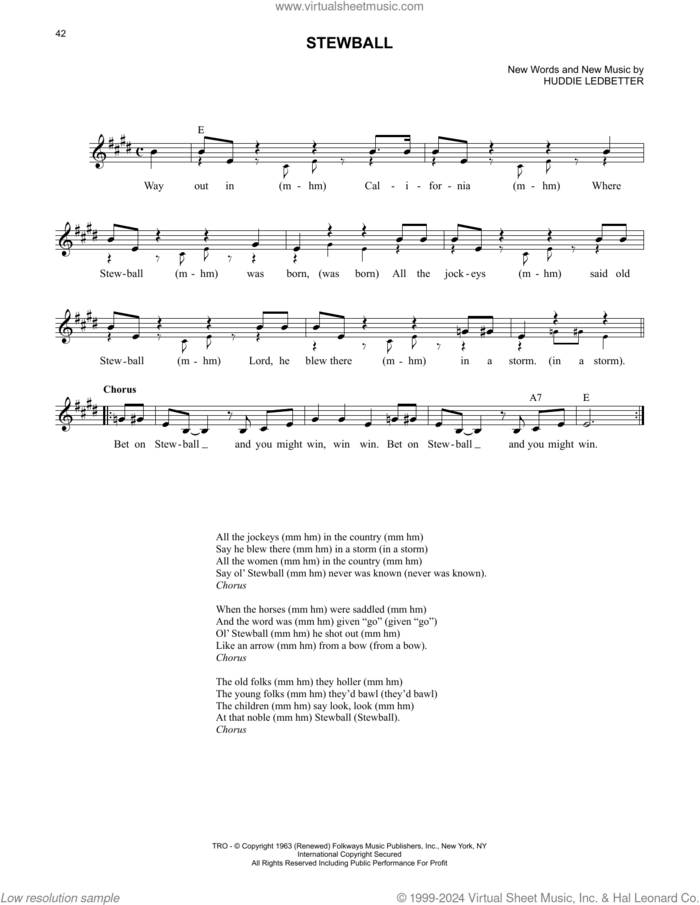 Stewball sheet music for voice and other instruments (fake book) by Lead Belly and Huddie Ledbetter, intermediate skill level