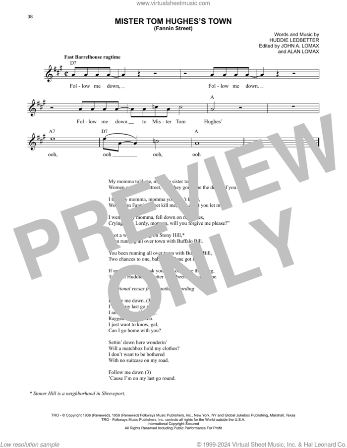 Mister Tom Hughes's Town (Fannin Street) sheet music for voice and other instruments (fake book) by Lead Belly, Huddie Ledbetter and John A. Lomax, intermediate skill level