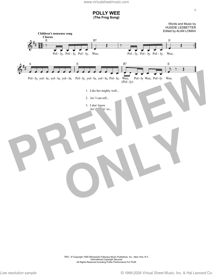 Polly Wee (The Frog Song) sheet music for voice and other instruments (fake book) by Lead Belly, Huddie Ledbetter and John A. Lomax, intermediate skill level