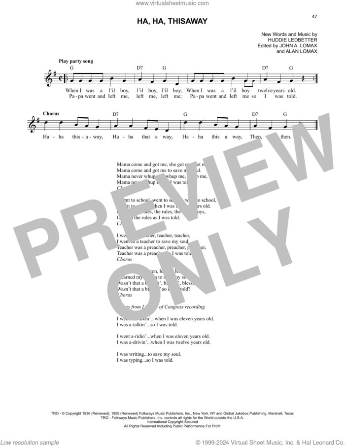 Ha, Ha, Thisaway sheet music for voice and other instruments (fake book) by Lead Belly, Huddie Ledbetter and John A. Lomax, intermediate skill level