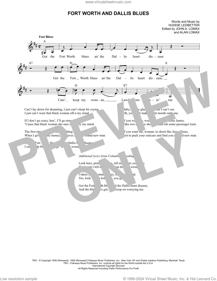 Fort Worth And Dallis Blues sheet music for voice and other instruments (fake book) by Lead Belly, Huddie Ledbetter and John A. Lomax, intermediate skill level