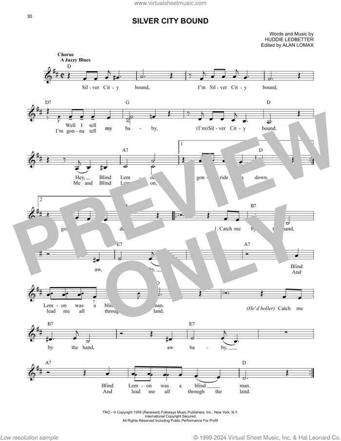 Silver City Bound sheet music for voice and other instruments (fake book) by Lead Belly, Huddie Ledbetter and John A. Lomax, intermediate skill level