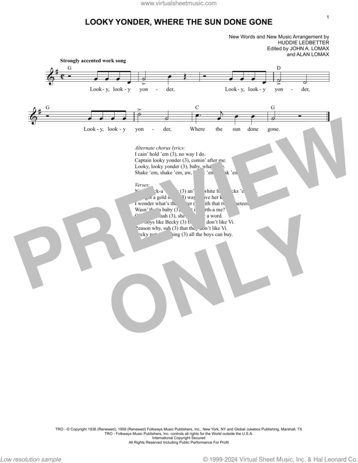 Looky Yonder, Where The Sun Done Gone sheet music for voice and other instruments (fake book) by Lead Belly, Huddie Ledbetter and John A. Lomax, intermediate skill level