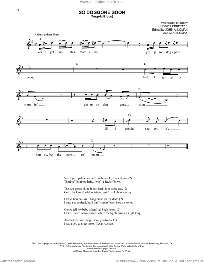 So Doggone Soon (Angola Blues) sheet music for voice and other instruments (fake book) by Lead Belly, Huddie Ledbetter and John A. Lomax, intermediate skill level