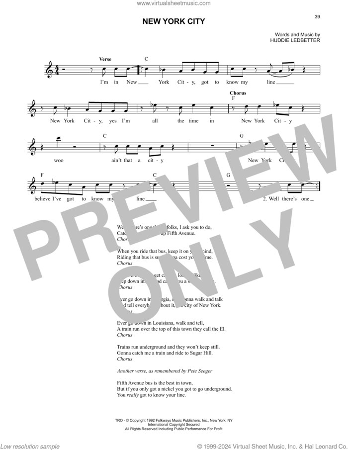 New York City sheet music for voice and other instruments (fake book) by Lead Belly and Huddie Ledbetter, intermediate skill level