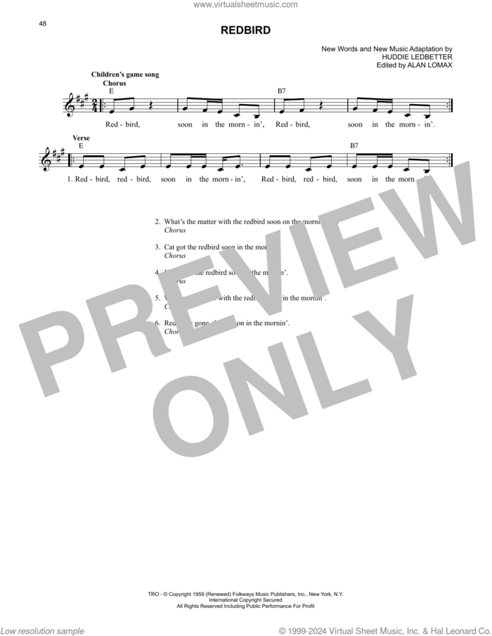 Redbird sheet music for voice and other instruments (fake book) by Lead Belly, Huddie Ledbetter and John A. Lomax, intermediate skill level