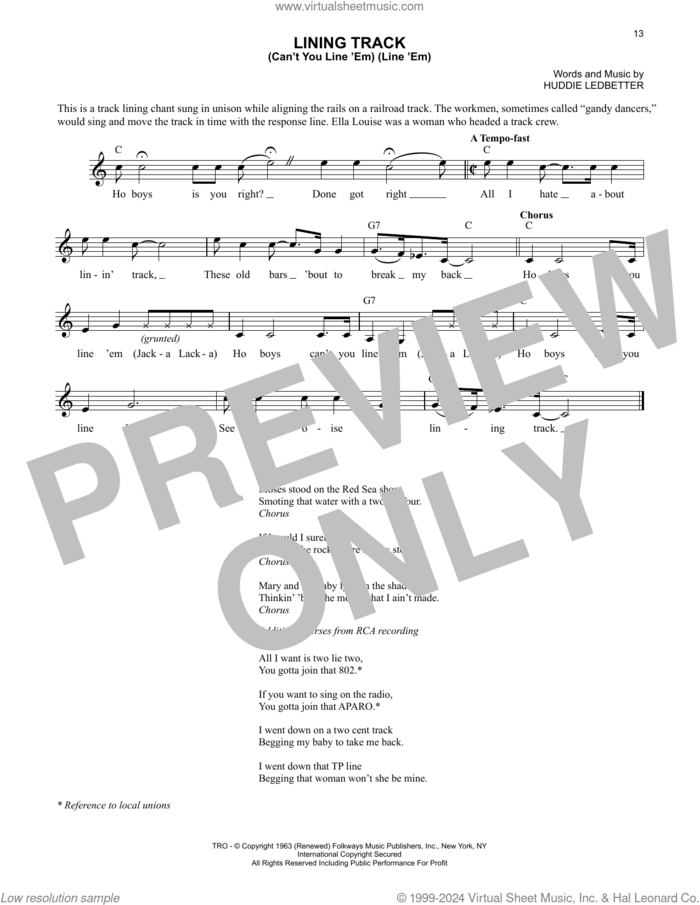 Lining Track (Can't You Line 'Em) (Line 'Em) sheet music for voice and other instruments (fake book) by Lead Belly and Huddie Ledbetter, intermediate skill level