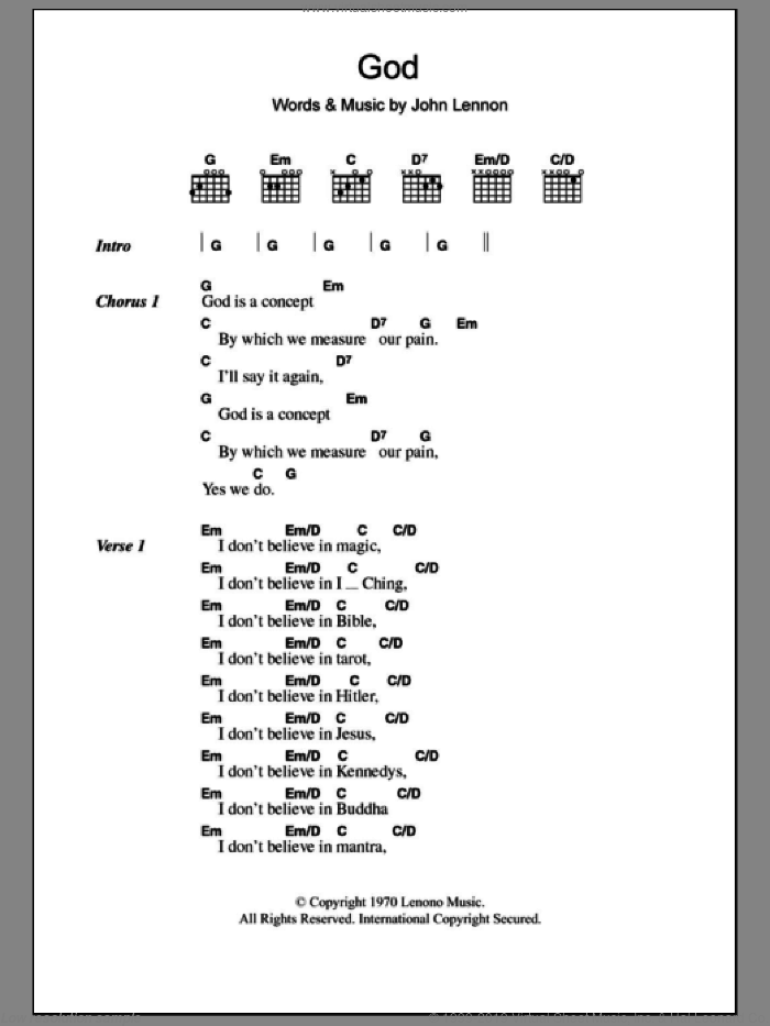 God sheet music for guitar (chords) by John Lennon, intermediate skill level