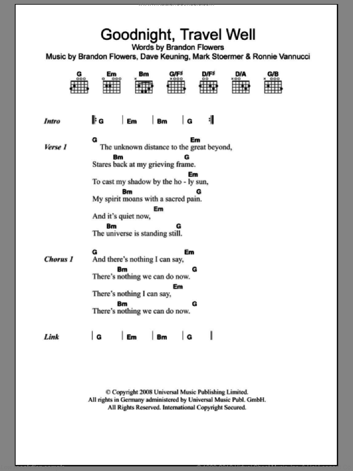 Goodnight Travel Well sheet music for guitar (chords) by The Killers, Brandon Flowers, Dave Keuning, Mark Stoermer and Ronnie Vannucci, intermediate skill level