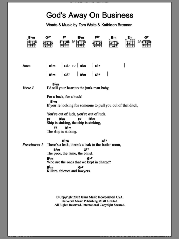 God's Away On Business sheet music for guitar (chords) by Tom Waits and Kathleen Brennan, intermediate skill level