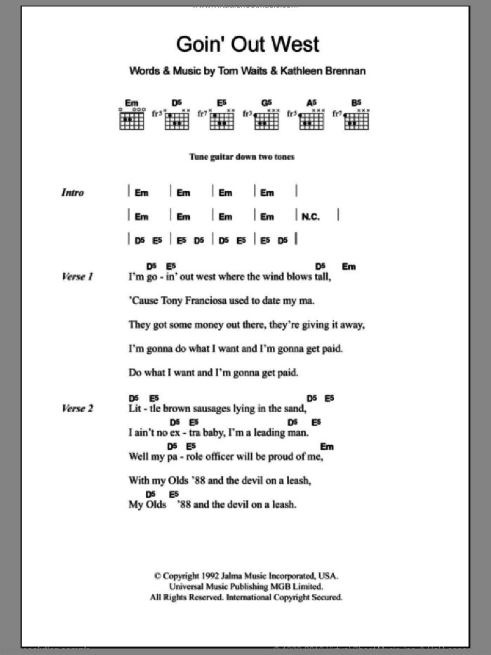 Goin' Out West sheet music for guitar (chords) by Tom Waits and Kathleen Brennan, intermediate skill level