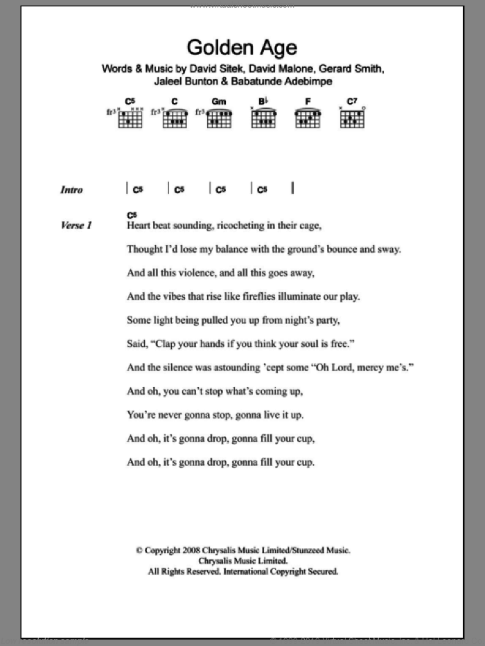Golden Age sheet music for guitar (chords) by TV On The Radio, Babatunde Adebimpe, David Malone, David Sitek, Gerard Smith and Jaleel Bunton, intermediate skill level