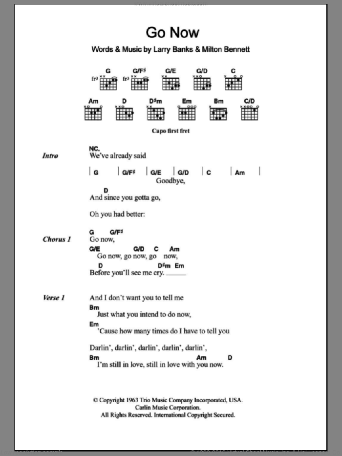 Go Now sheet music for guitar (chords) by Bessie Banks, The Moody Blues, Larry Banks and Milton Bennett, intermediate skill level