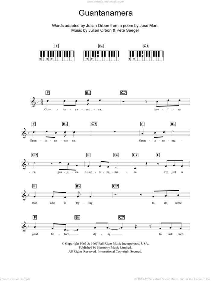 Guantanamera sheet music for piano solo (chords, lyrics, melody) by Pete Seeger and Jose Marti, intermediate piano (chords, lyrics, melody)