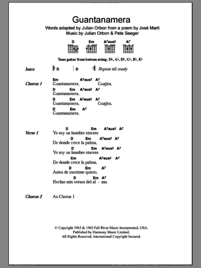 Guantanamera sheet music for guitar (chords) by Pete Seeger and Jose Marti, intermediate skill level