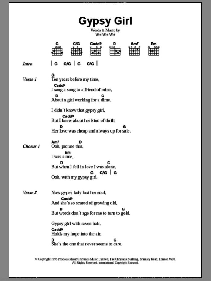 Gypsy Girl sheet music for guitar (chords) by Wet Wet Wet, intermediate skill level