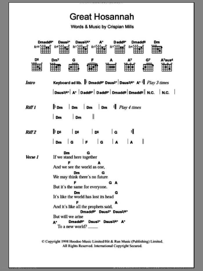Great Hosannah sheet music for guitar (chords) by Kula Shaker and Crispian Mills, intermediate skill level