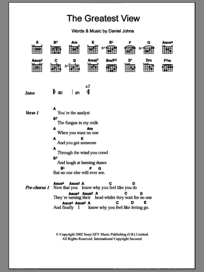 The Greatest View sheet music for guitar (chords) by Silverchair and Daniel Johns, intermediate skill level