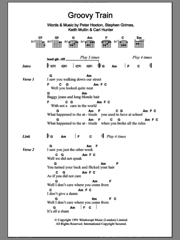 Groovy Train sheet music for guitar (chords) by The Farm, Carl Hunter, Keith Mullin, Peter Hooton and Stephen Grimes, intermediate skill level