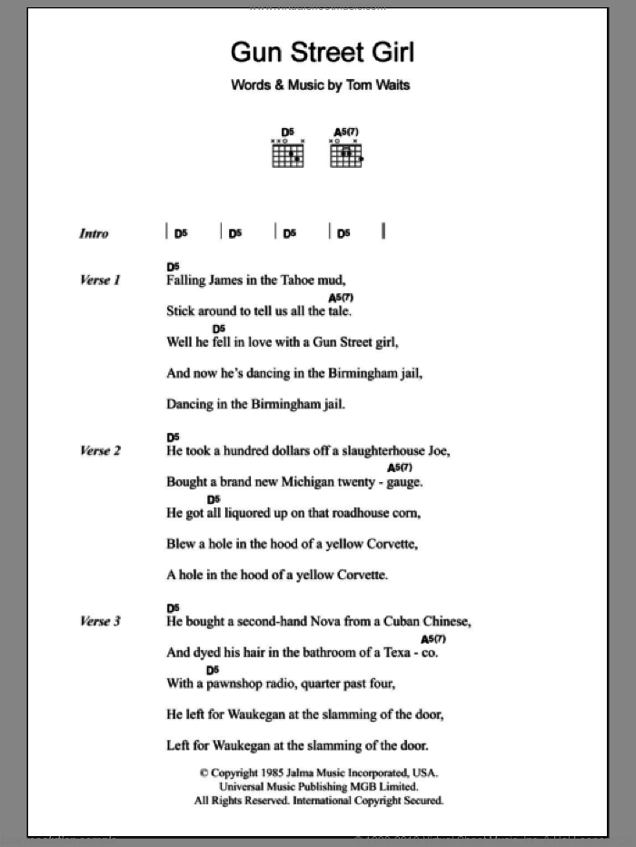 Gun Street Girl sheet music for guitar (chords) by Tom Waits, intermediate skill level