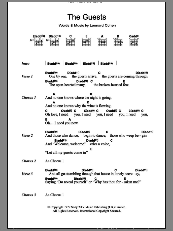 The Guests sheet music for guitar (chords) by Leonard Cohen, intermediate skill level