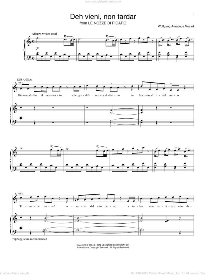Deh Vieni, Non Tardar from Le Nozze Di Figaro sheet music for voice, piano or guitar by Wolfgang Amadeus Mozart, classical score, intermediate skill level
