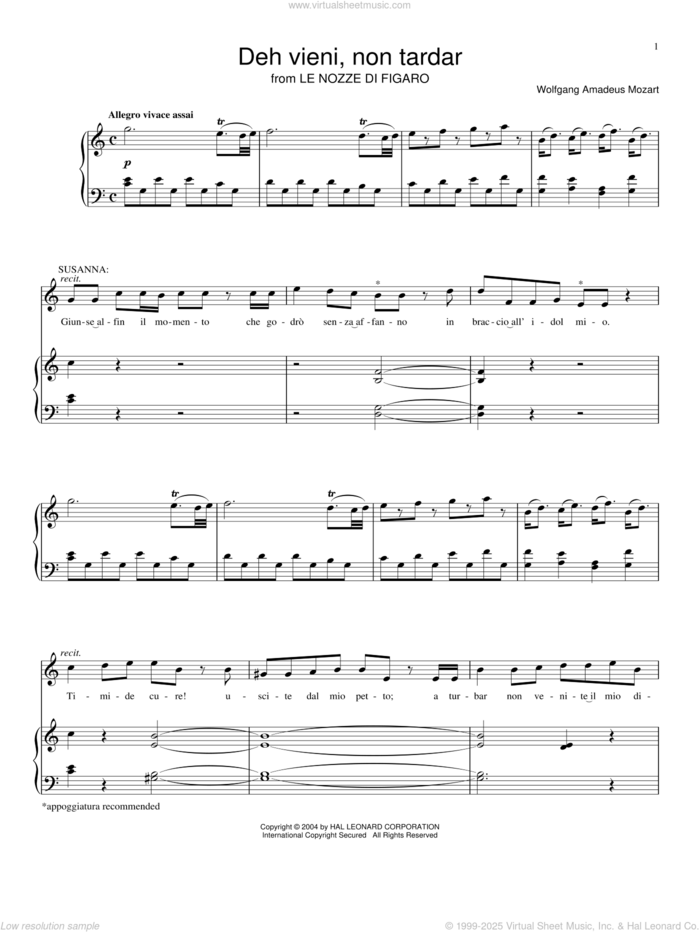 Deh Vieni, Non Tardar from Le Nozze Di Figaro sheet music for voice, piano or guitar by Wolfgang Amadeus Mozart, classical score, intermediate skill level