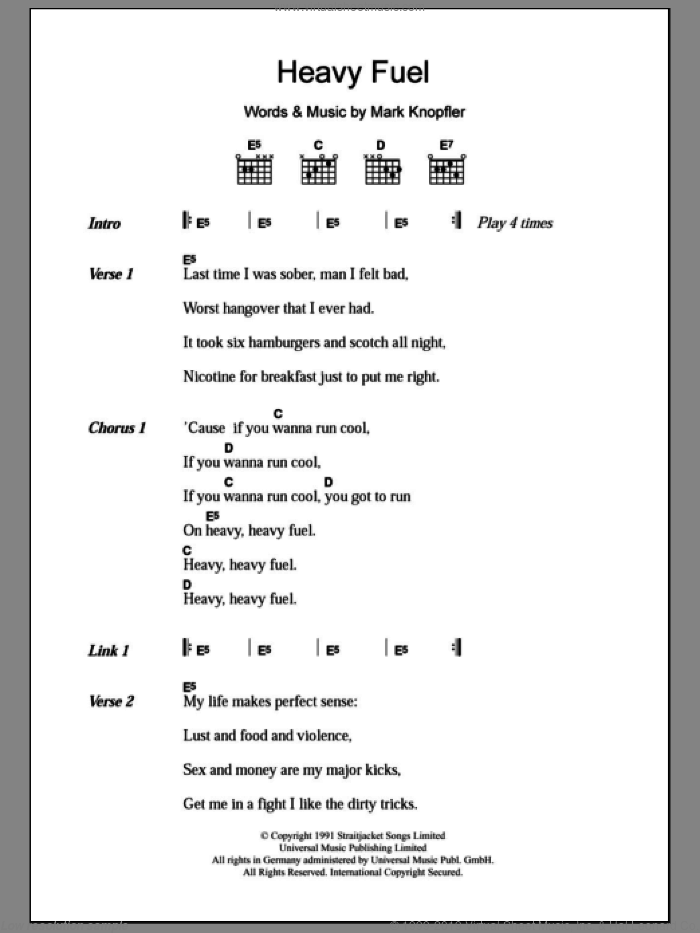 Heavy Fuel sheet music for guitar (chords) by Dire Straits and Mark Knopfler, intermediate skill level