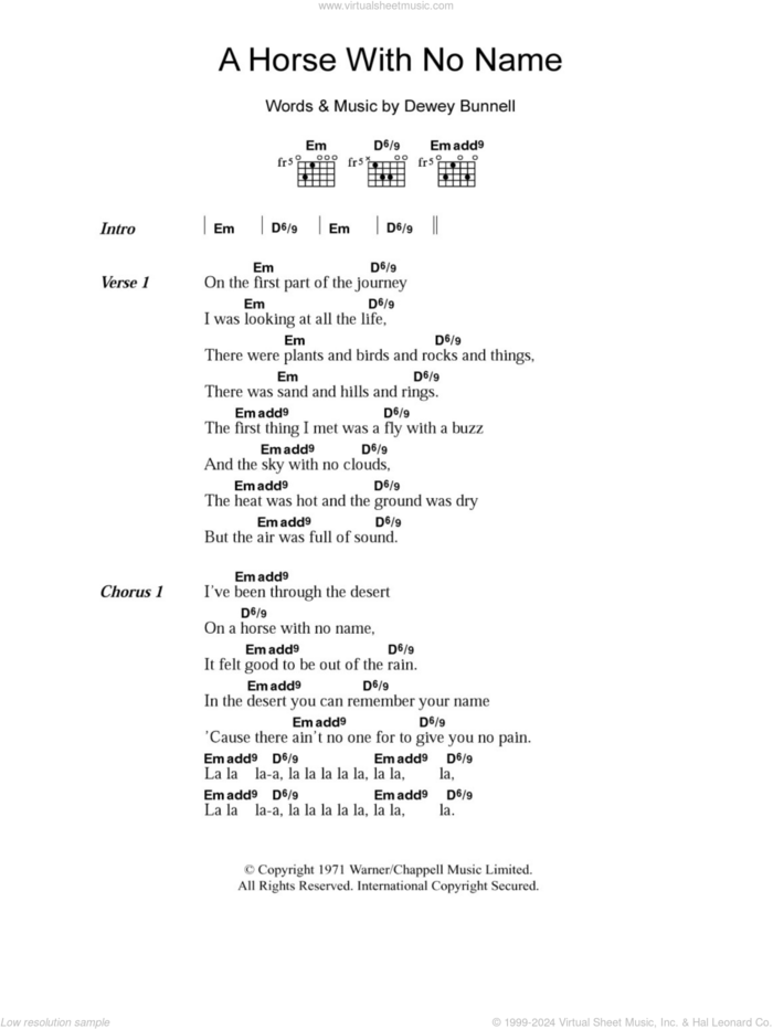 A Horse With No Name sheet music for guitar (chords) by America and Dewey Bunnell, intermediate skill level