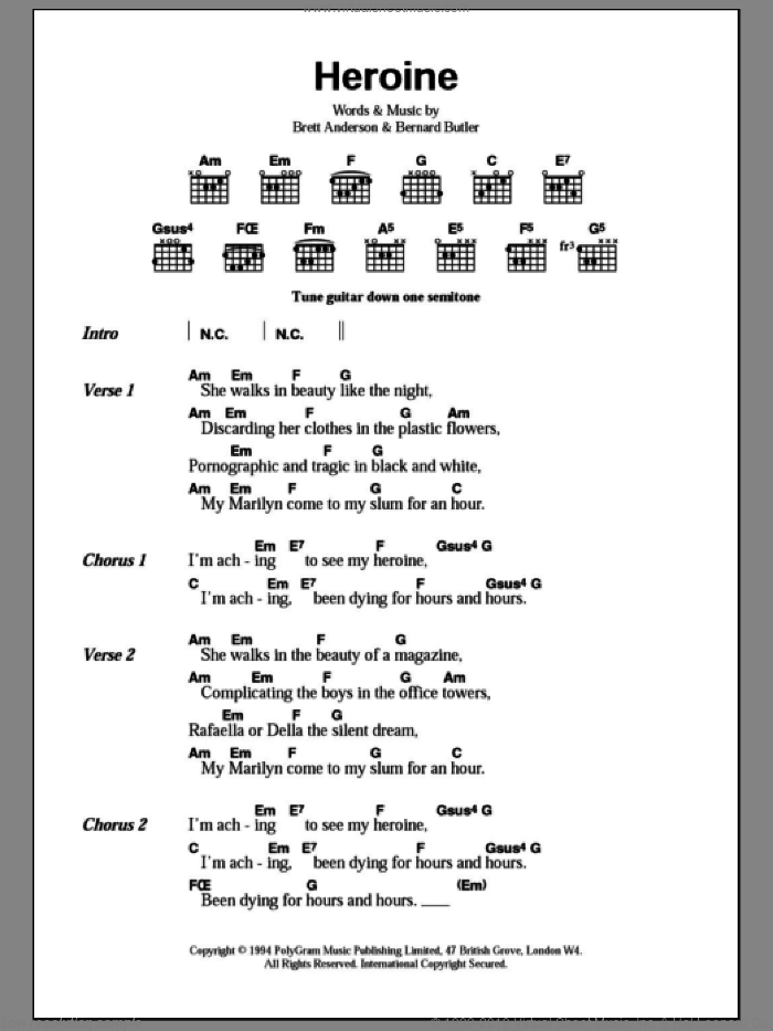 Heroine sheet music for guitar (chords) by Suede, Bernard Butler and Brett Anderson, intermediate skill level