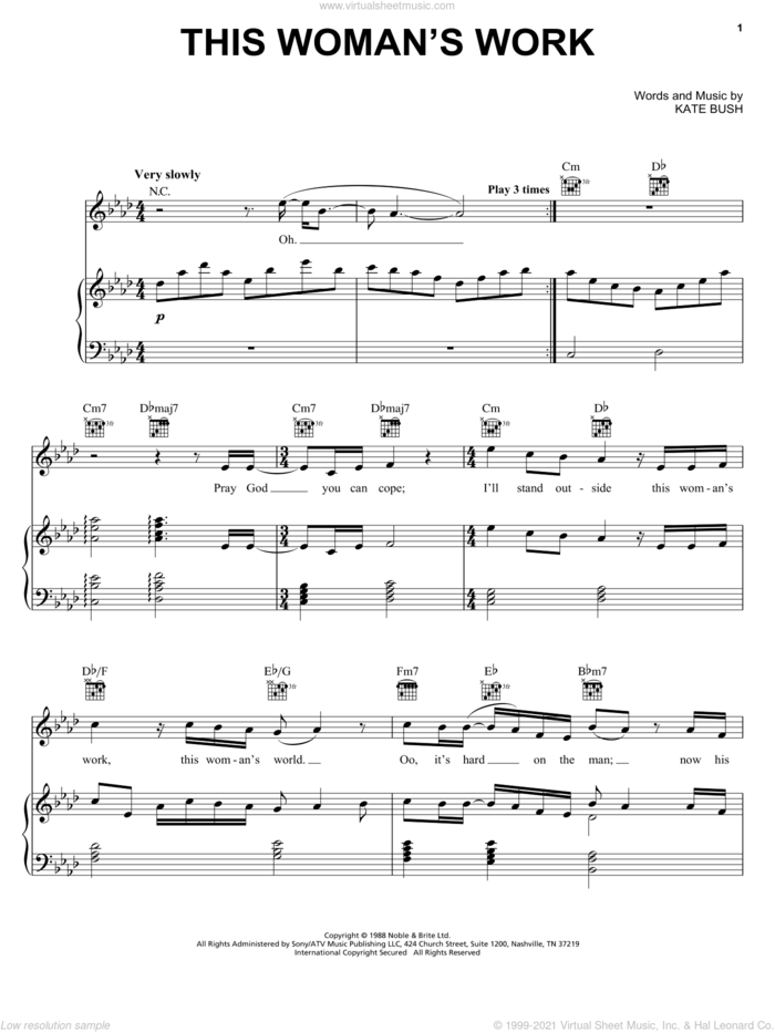 This Woman's Work sheet music for voice, piano or guitar by Kate Bush, intermediate skill level