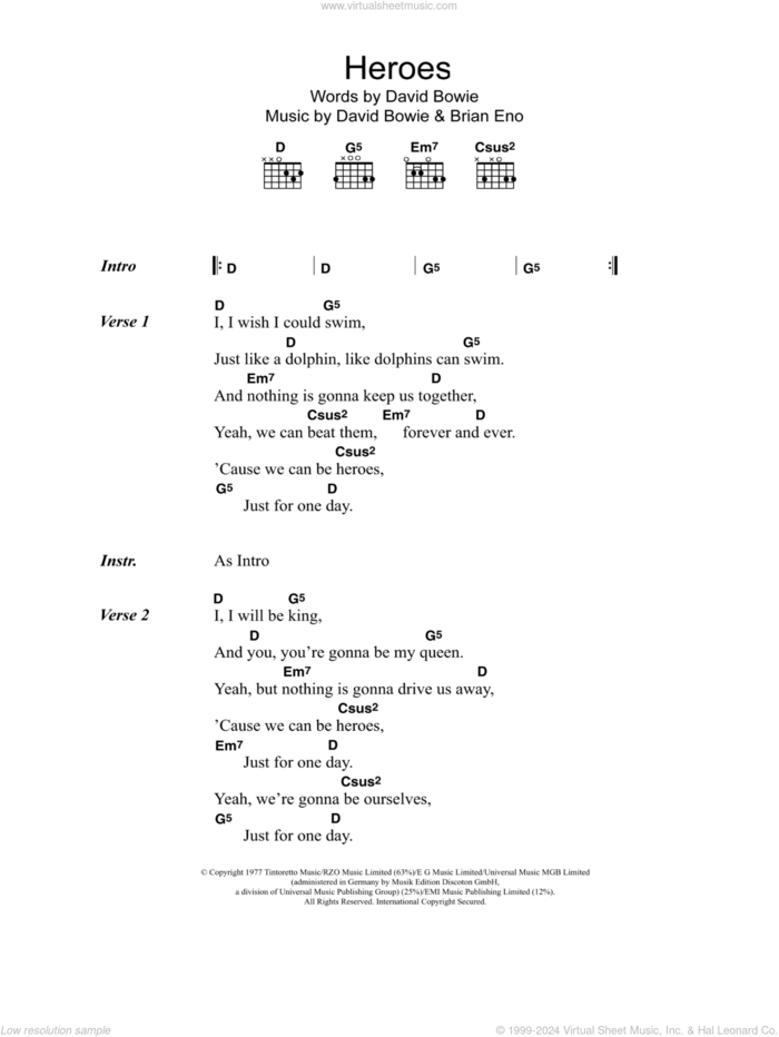 Heroes sheet music for guitar (chords) by Oasis, David Bowie and Brian Eno, intermediate skill level