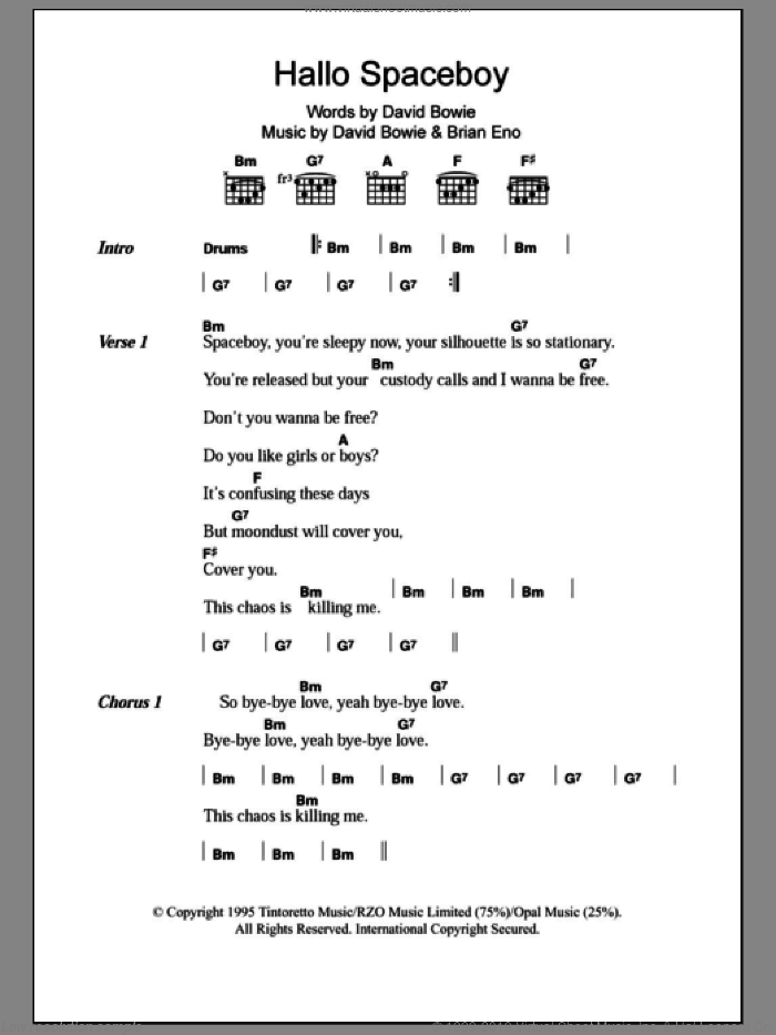 Hallo Spaceboy sheet music for guitar (chords) by David Bowie and Brian Eno, intermediate skill level