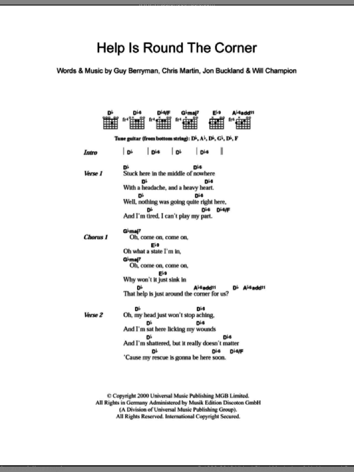 Help Is Round The Corner sheet music for guitar (chords) by Coldplay, Chris Martin, Guy Berryman, Jon Buckland and Will Champion, intermediate skill level