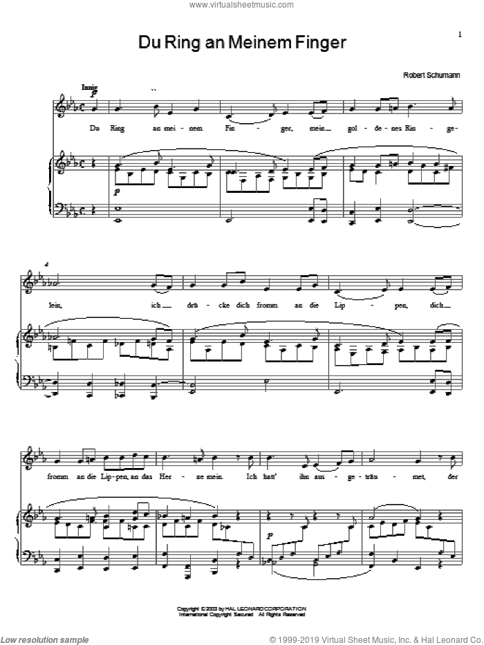 Du Ring An Meinem Finger sheet music for voice, piano or guitar by Robert Schumann, classical wedding score, intermediate skill level