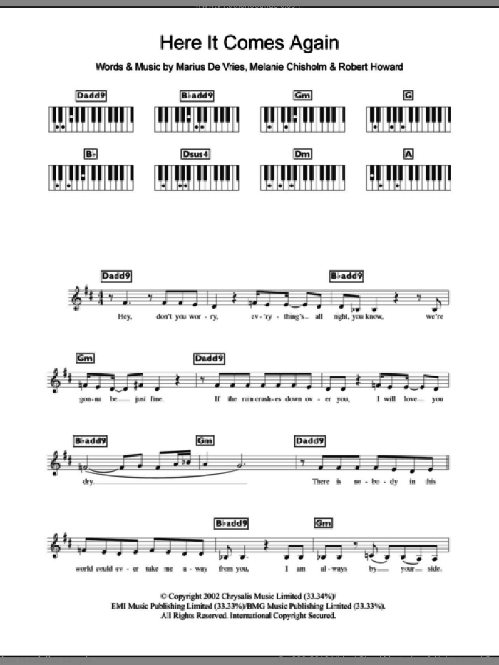 Here It Comes Again sheet music for piano solo (chords, lyrics, melody) by Marius De Vries, Chisholm Melanie, Melanie Chisholm and Robert Howard, intermediate piano (chords, lyrics, melody)