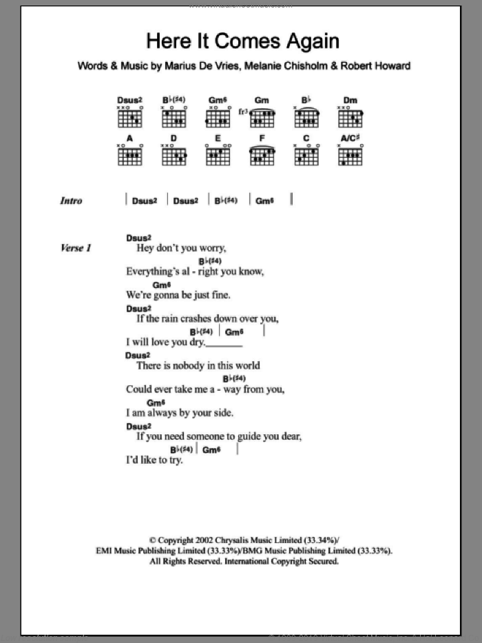 Here It Comes Again sheet music for guitar (chords) by Marius De Vries, Chisholm Melanie, Melanie Chisholm and Robert Howard, intermediate skill level