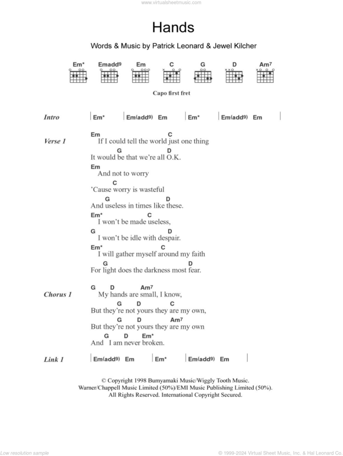 Hands sheet music for guitar (chords) by Jewel, Jewel Kilcher and Patrick Leonard, intermediate skill level