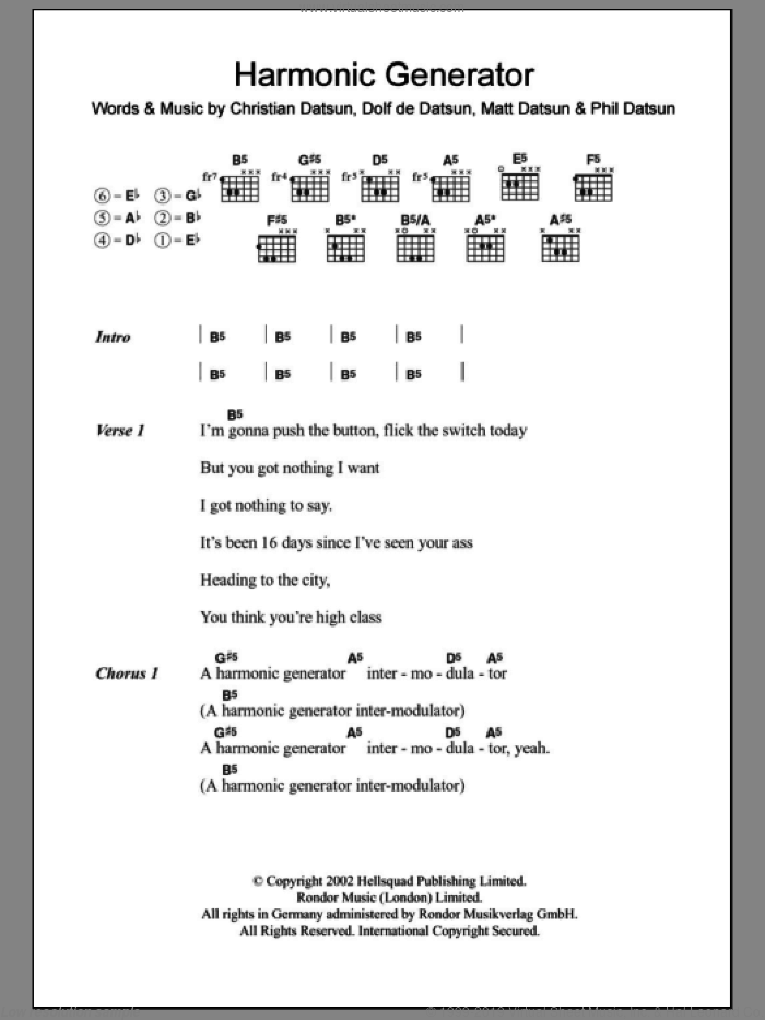 Harmonic Generator sheet music for guitar (chords) by The Datsuns, Christian Datsun, Dolf De Datsun, Matt Datsun and Phil Datsun, intermediate skill level