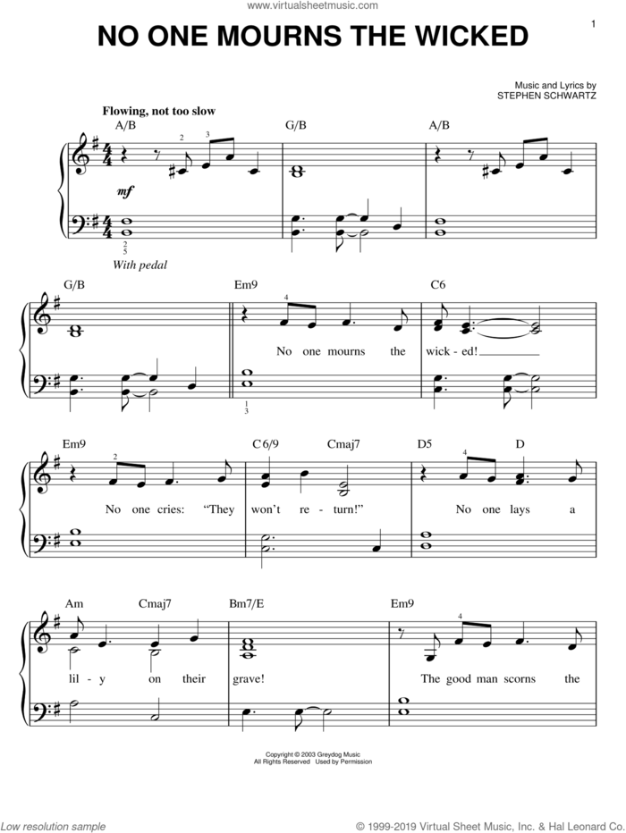 No One Mourns The Wicked (from Wicked), (easy) sheet music for piano solo by Stephen Schwartz and Wicked (Musical), easy skill level