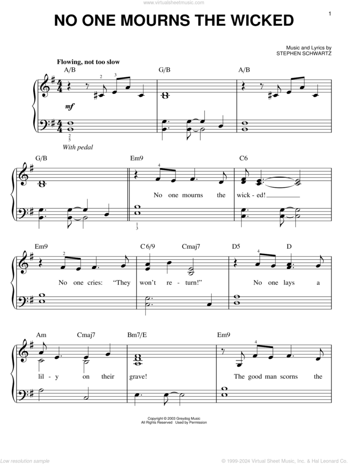 No One Mourns The Wicked (from Wicked), (easy) sheet music for piano solo by Stephen Schwartz and Wicked (Musical), easy skill level