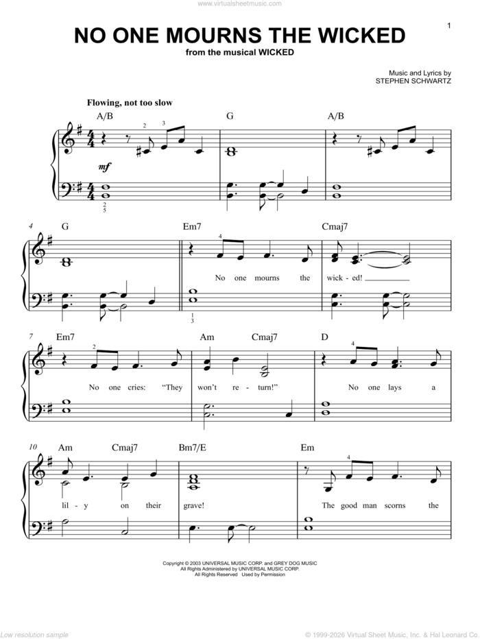 No One Mourns The Wicked (from Wicked), (easy) sheet music for piano solo by Stephen Schwartz and Wicked (Musical), easy skill level