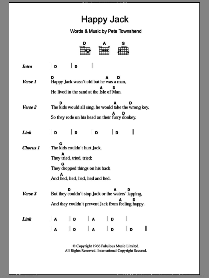 Happy Jack sheet music for guitar (chords) by The Who and Pete Townshend, intermediate skill level