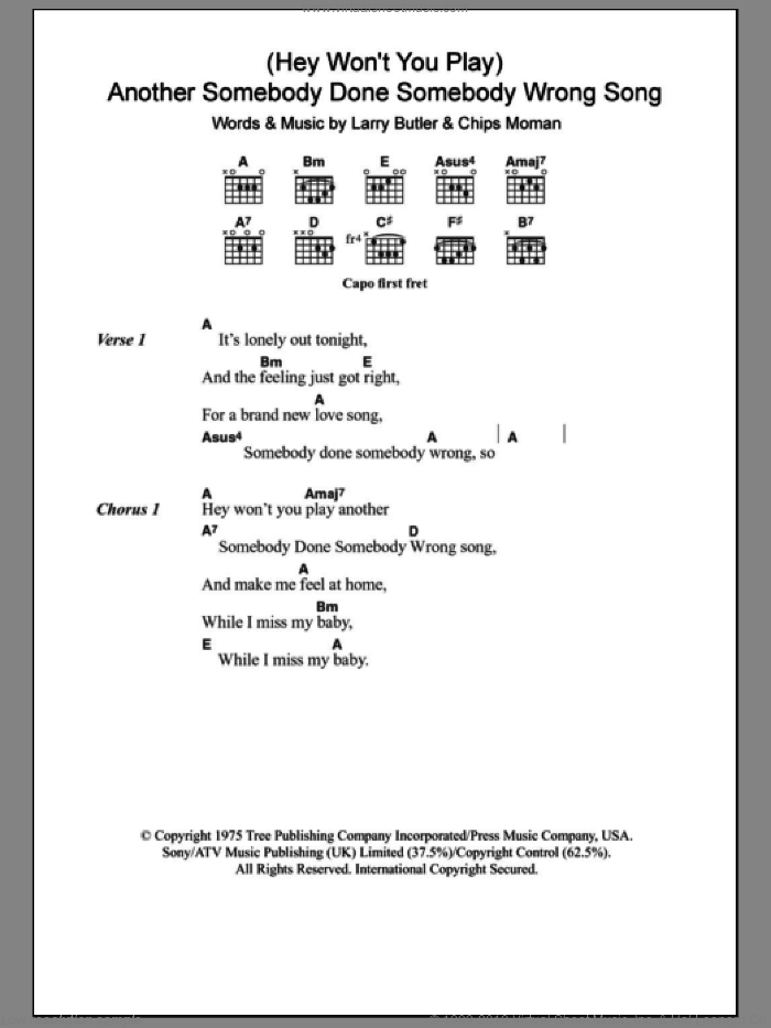 (Hey, Won't You Play) Another Somebody Done Somebody Wrong Song sheet music for guitar (chords) by B.J. Thomas, Chips Moman and Larry Butler, intermediate skill level