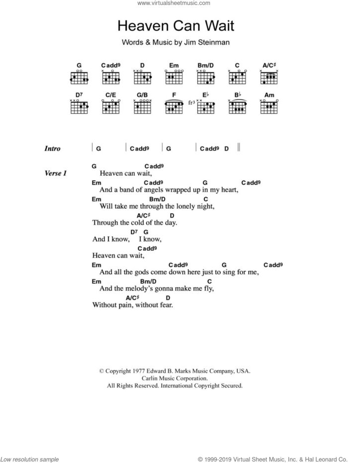 Heaven Can Wait sheet music for guitar (chords) by Meat Loaf and Jim Steinman, intermediate skill level