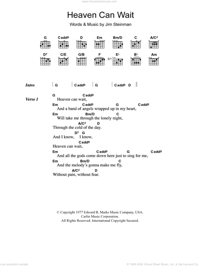 Heaven Can Wait sheet music for guitar (chords) by Meat Loaf and Jim Steinman, intermediate skill level